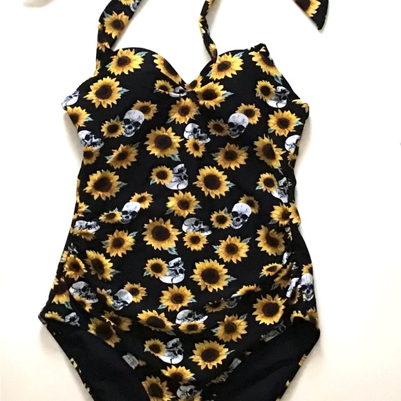Sunflowers Skulls Hot Topic Halter Neck Retro Gothic One Piece Swim Suit New - Picture 3 of 8